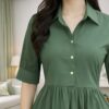 Women's Solid Green Shirt Collar Maxi Dress