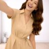 Women's Beige Shirt Dress with Belt | Collared Button Down Midi Dress