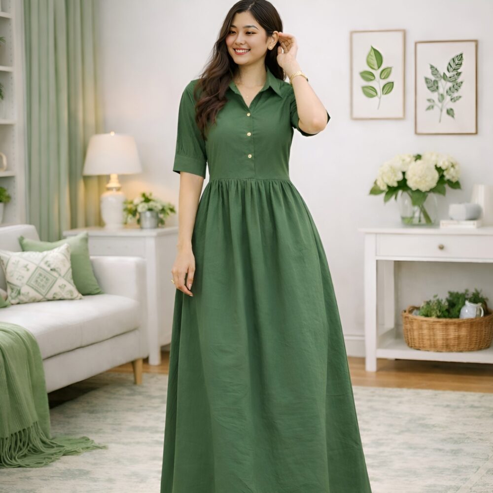 Untitled design (4) Women's Solid Green Shirt Collar Maxi Dress