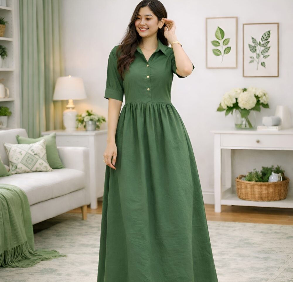 Untitled design (4) Women's Solid Green Shirt Collar Maxi Dress