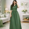 Women's Solid Green Shirt Collar Maxi Dress