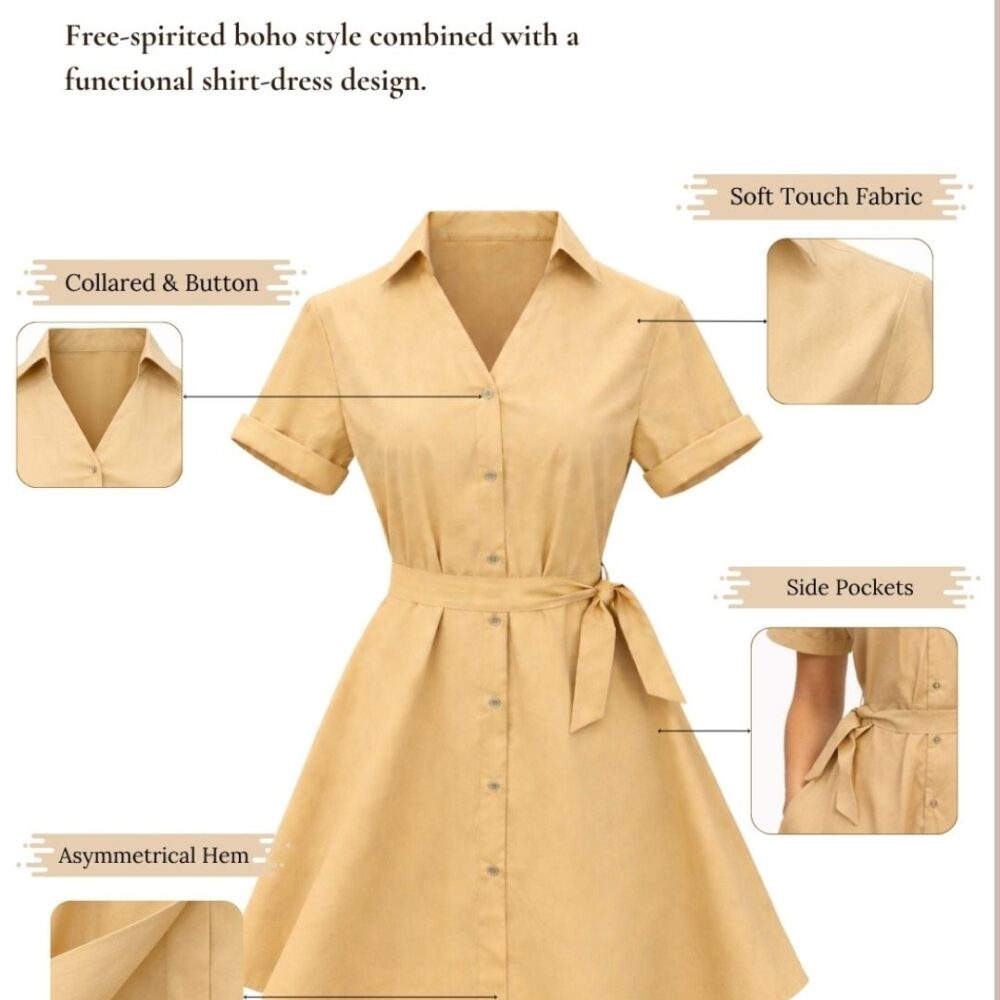 Untitled design (5) Women's Beige Shirt Dress with Belt | Collared Button Down Midi Dress