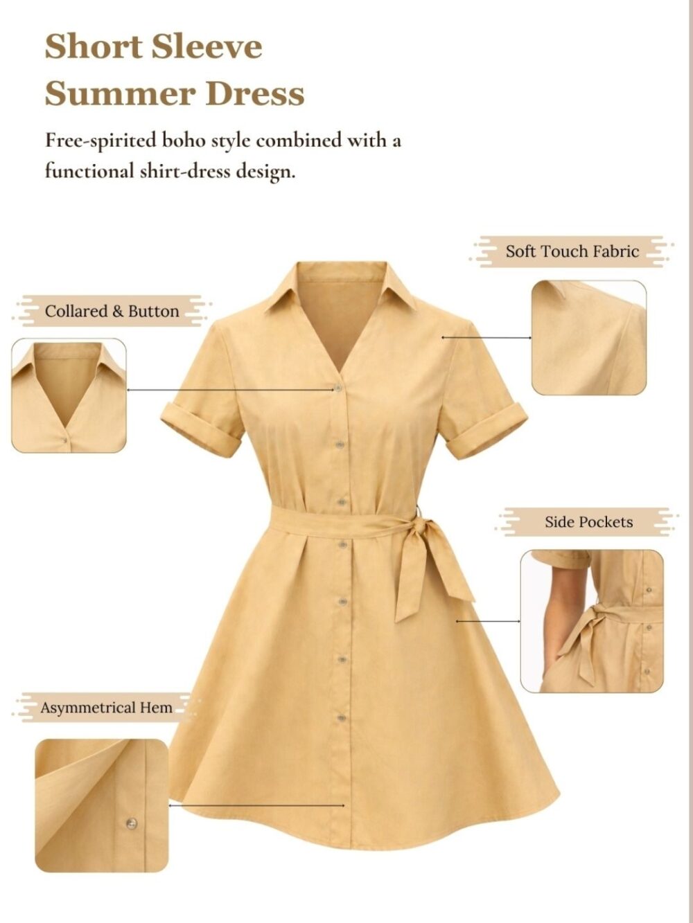Untitled design (5) Women's Beige Shirt Dress with Belt | Collared Button Down Midi Dress