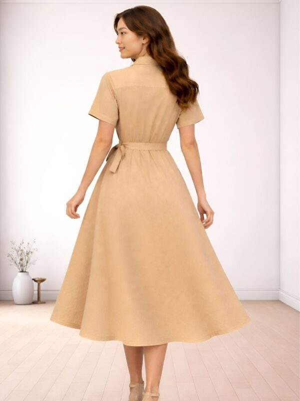 Women's Beige Shirt Dress with Belt | Collared Button Down Midi Dress