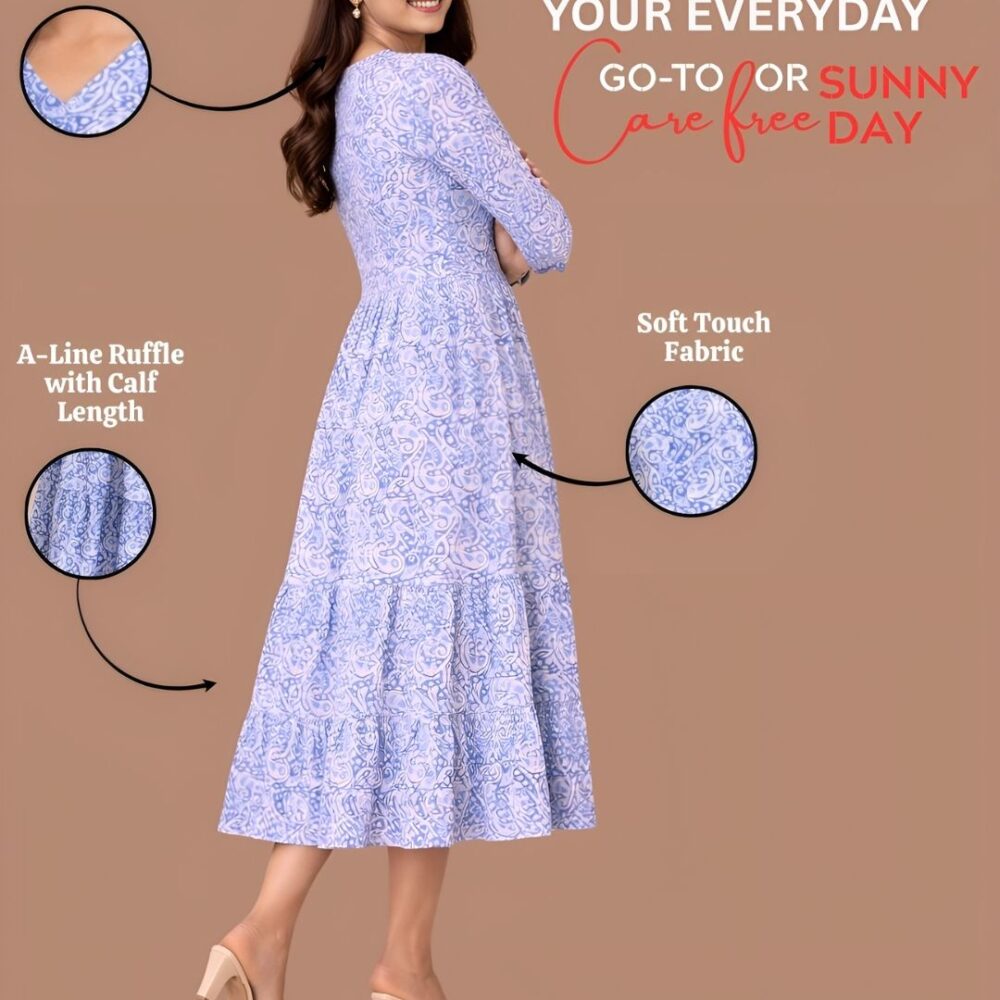 Women's Blue Printed V-Neck A-Line Maxi Dress | Casual Summer Dress