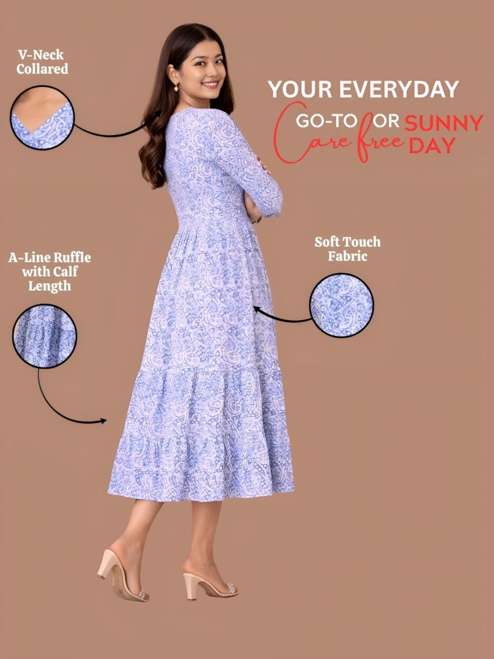 Women's Blue Printed V-Neck A-Line Maxi Dress | Casual Summer Dress