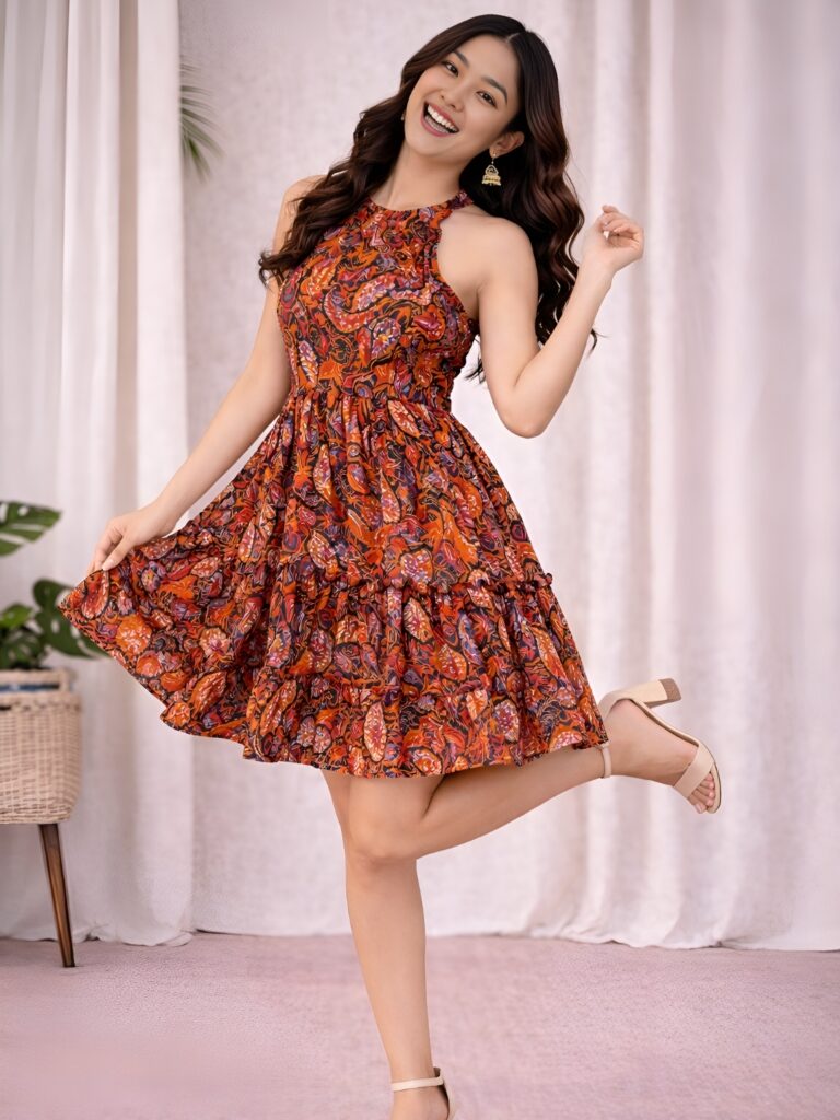 Women's Rust Paisley Floral Sleeveless Fit & Flare Mini Dress | Tiered Summer Casual Dress