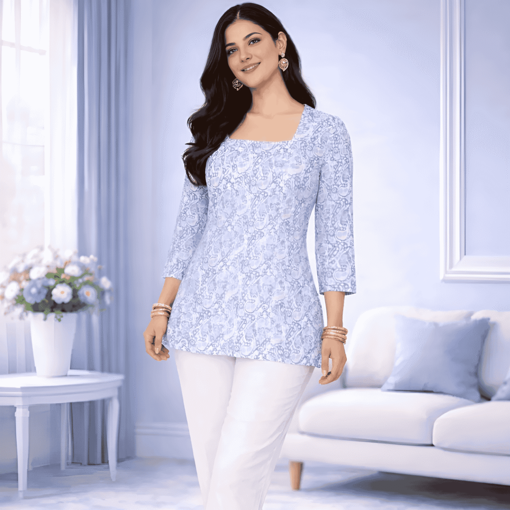 Women's Sky Blue Printed Tunic Top | Square Neck Casual Top