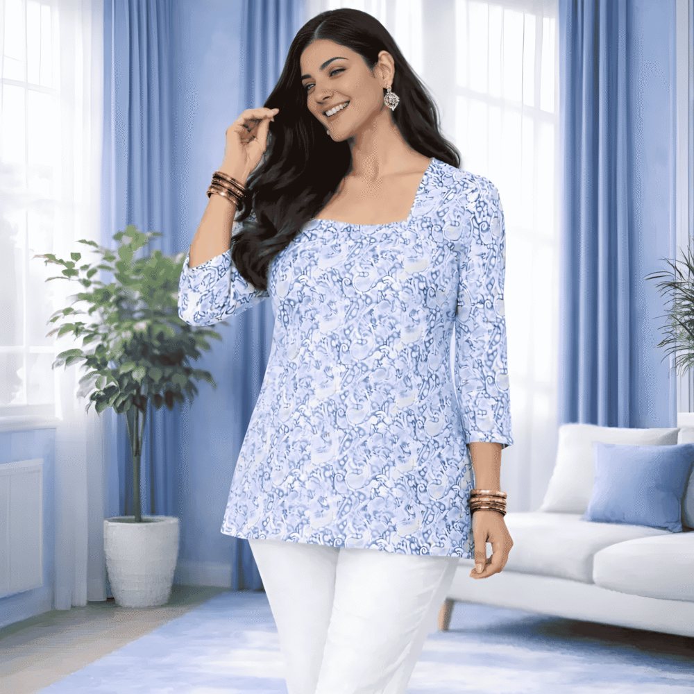 Women's Sky Blue Printed Tunic Top | Square Neck Casual Top