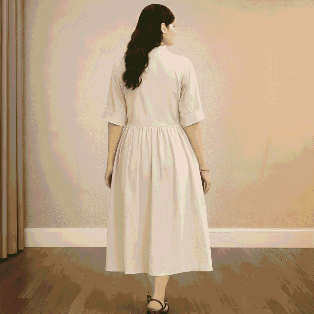 Women's Cream Shirt Collar Midi Dress | Solid A-Line Casual Cotton Blend Dress