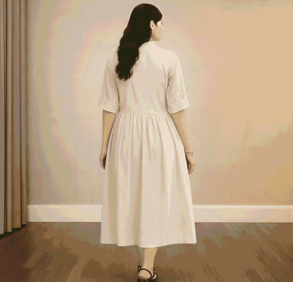 Women's Cream Shirt Collar Midi Dress | Solid A-Line Casual Cotton Blend Dress