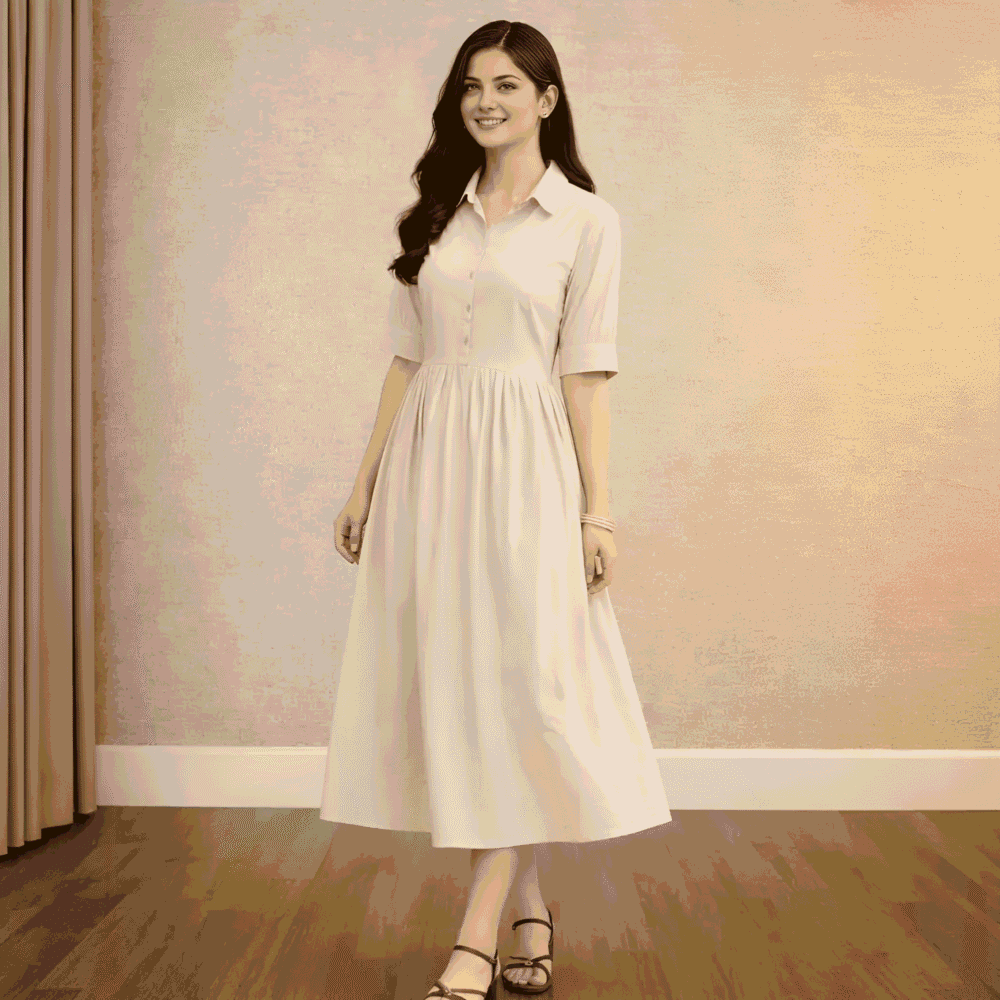 Women's Cream Shirt Collar Midi Dress | Solid A-Line Casual Cotton Blend Dress
