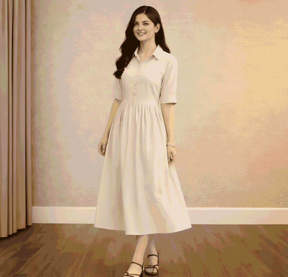 Women's Cream Shirt Collar Midi Dress | Solid A-Line Casual Cotton Blend Dress