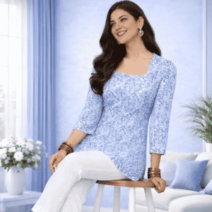 aifaceswap-output (2) Women's Sky Blue Printed Tunic Top | Square Neck Casual Top