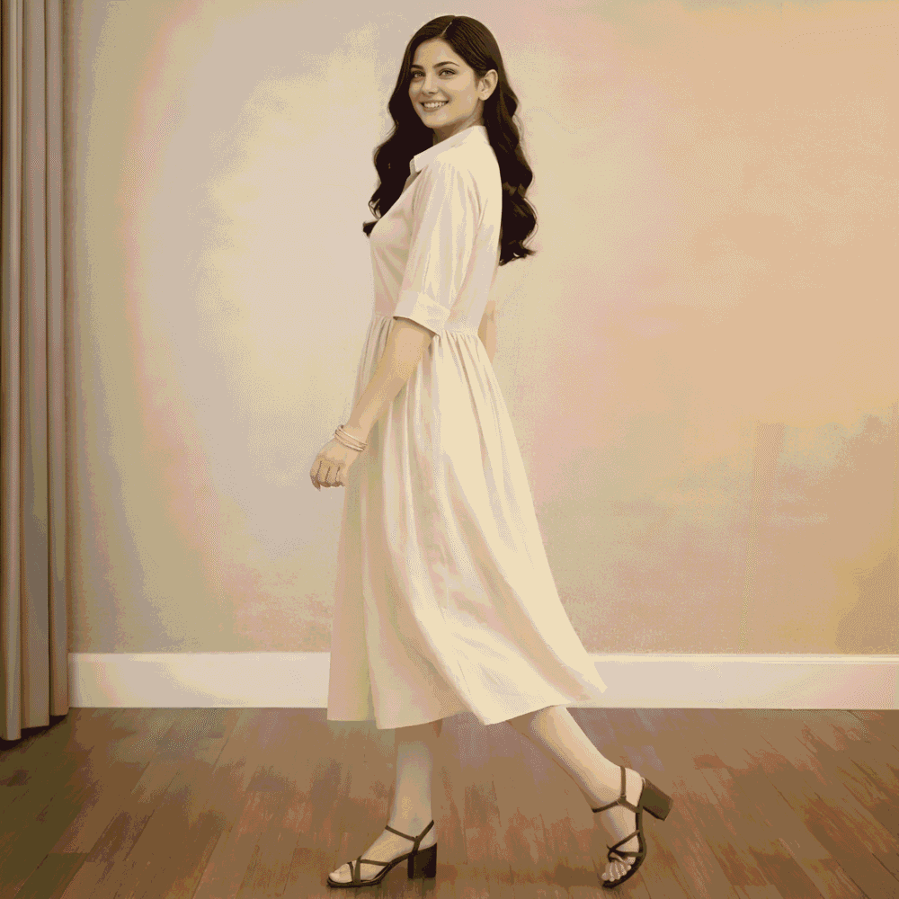 Women's Cream Shirt Collar Midi Dress | Solid A-Line Casual Cotton Blend Dress