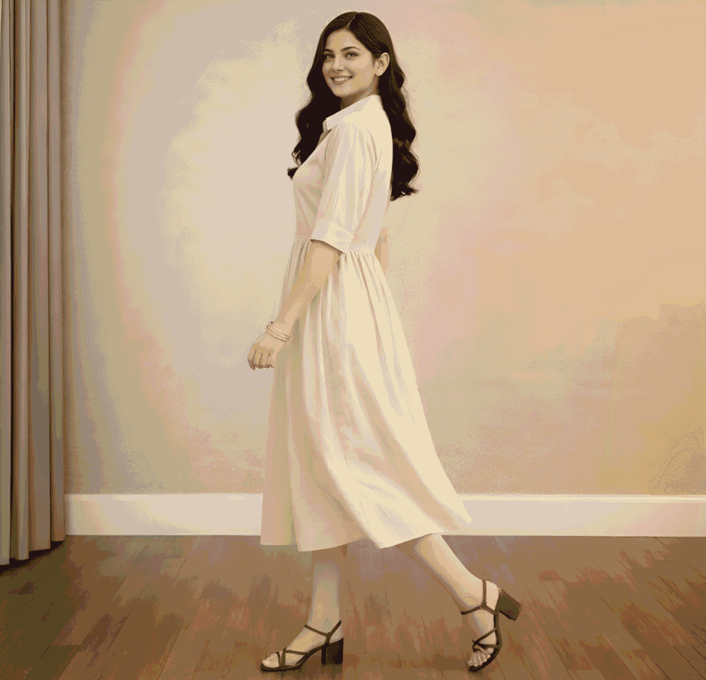 Women's Cream Shirt Collar Midi Dress | Solid A-Line Casual Cotton Blend Dress