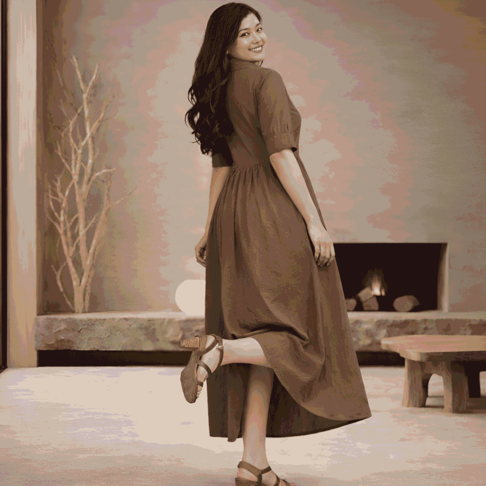 aifaceswap-output (4) Brown Shirt Collar Maxi Dress for Women | Casual A-Line Cotton Blend Long Dress