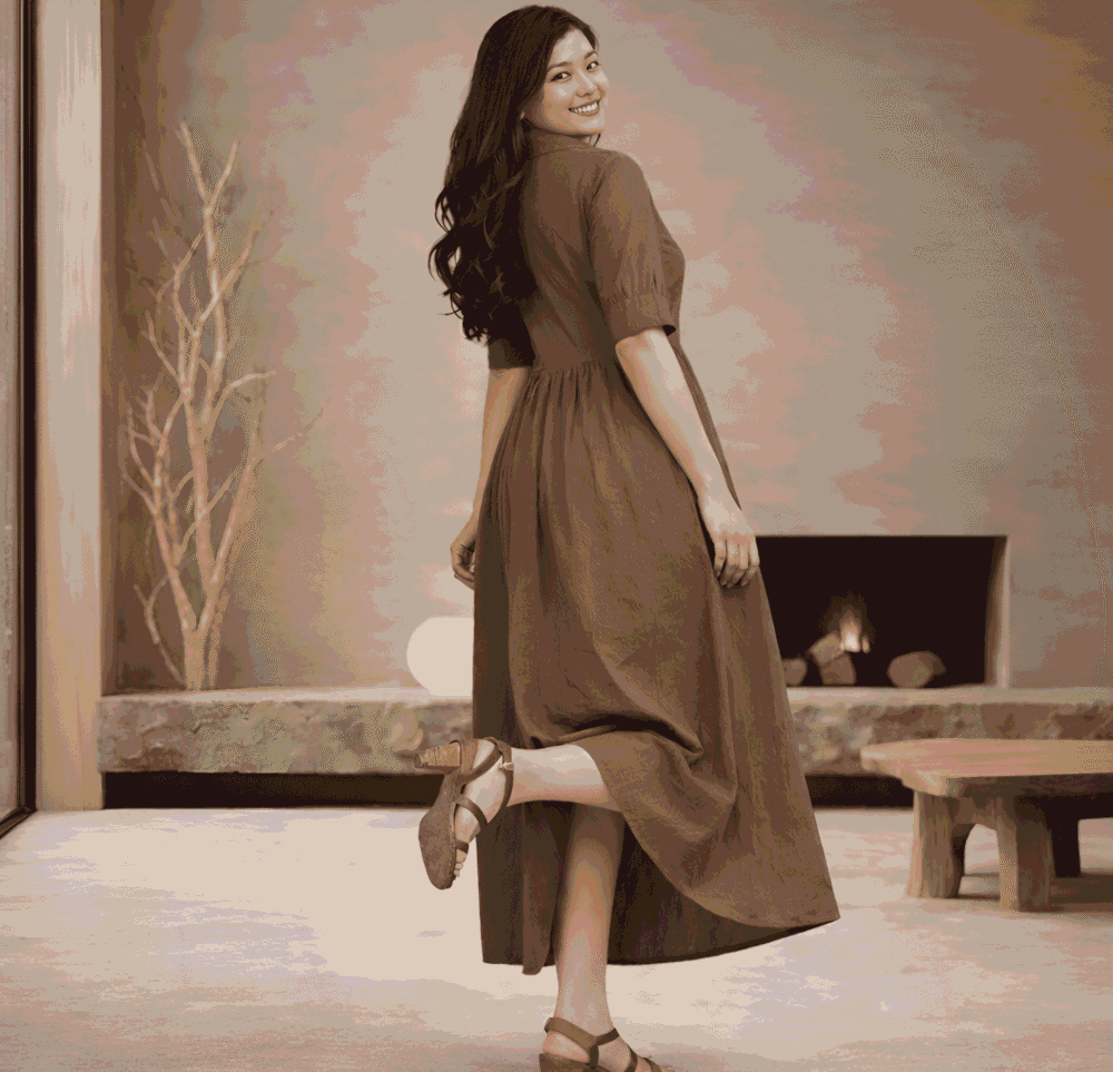 aifaceswap-output (4) Brown Shirt Collar Maxi Dress for Women | Casual A-Line Cotton Blend Long Dress
