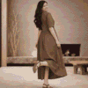 aifaceswap-output (4) Brown Shirt Collar Maxi Dress for Women | Casual A-Line Cotton Blend Long Dress