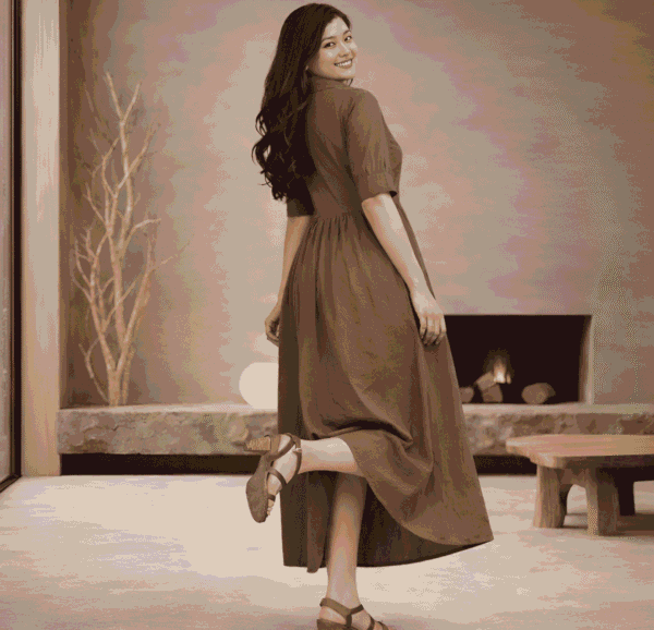 aifaceswap-output (4) Brown Shirt Collar Maxi Dress for Women | Casual A-Line Cotton Blend Long Dress