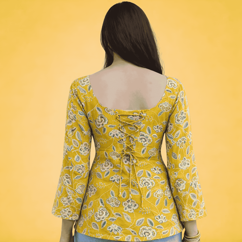 aifaceswap-output (5) Women's Yellow Floral Printed Top | Square Neck Casual Cotton Top