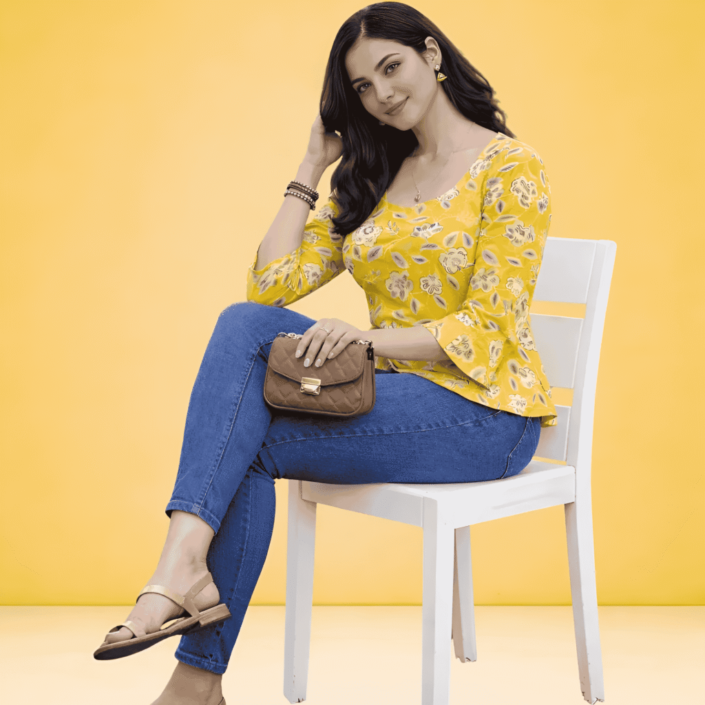 Women's Yellow Floral Printed Top | Square Neck Casual Cotton Top