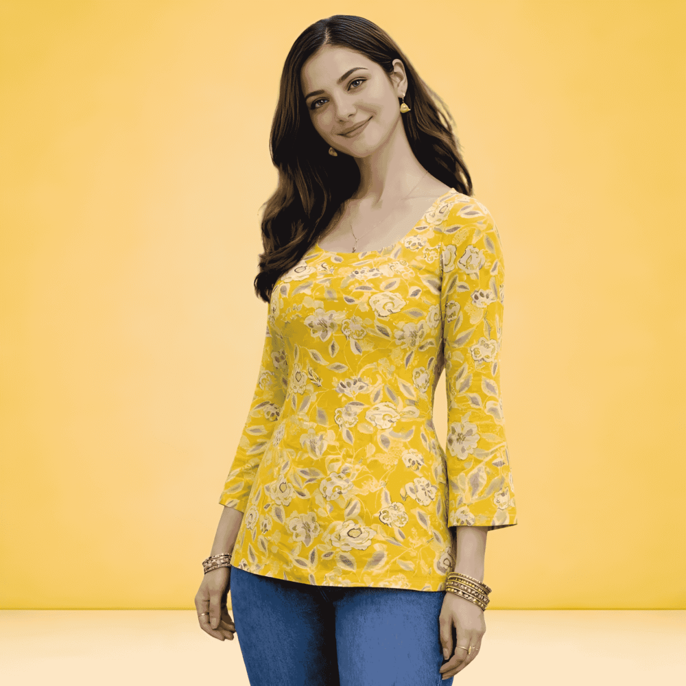 aifaceswap-output (8) Women's Yellow Floral Printed Top | Square Neck Casual Cotton Top