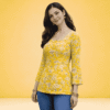 Women's Yellow Floral Printed Top | Square Neck Casual Cotton Top