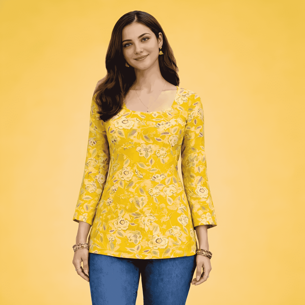 aifaceswap-output (9) Women's Yellow Floral Printed Top | Square Neck Casual Cotton Top