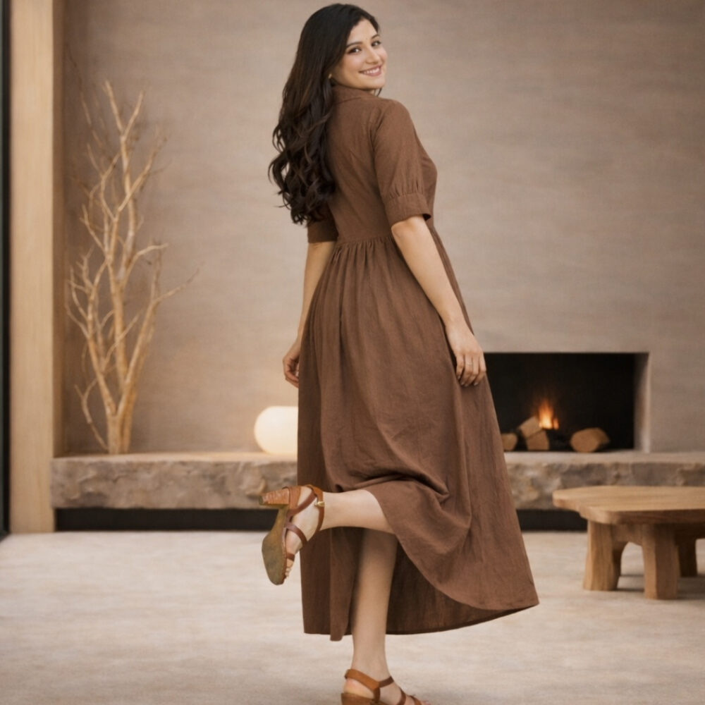 wearone-cotton-midi-dress-for-women-brown (1) WearOne Cotton Midi Dress for Women in Brown Color