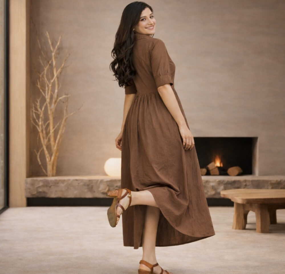 wearone-cotton-midi-dress-for-women-brown (1) WearOne Cotton Midi Dress for Women in Brown Color