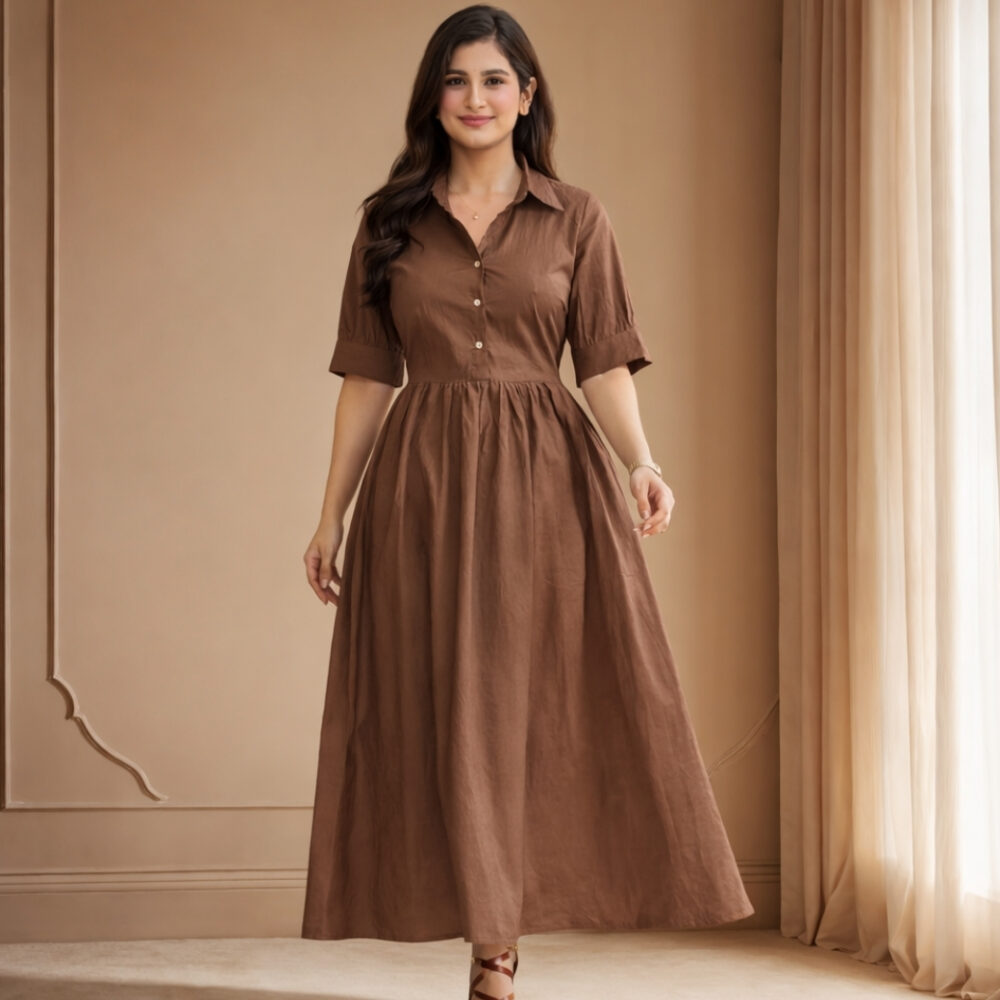 WearOne Brown Cotton Midi Dress for Women WearOne Cotton Midi Dress for Women in Brown Color