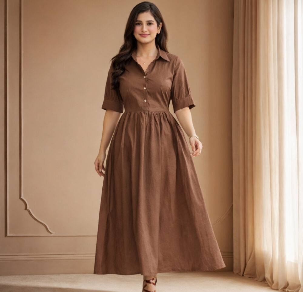 WearOne Brown Cotton Midi Dress for Women WearOne Cotton Midi Dress for Women in Brown Color