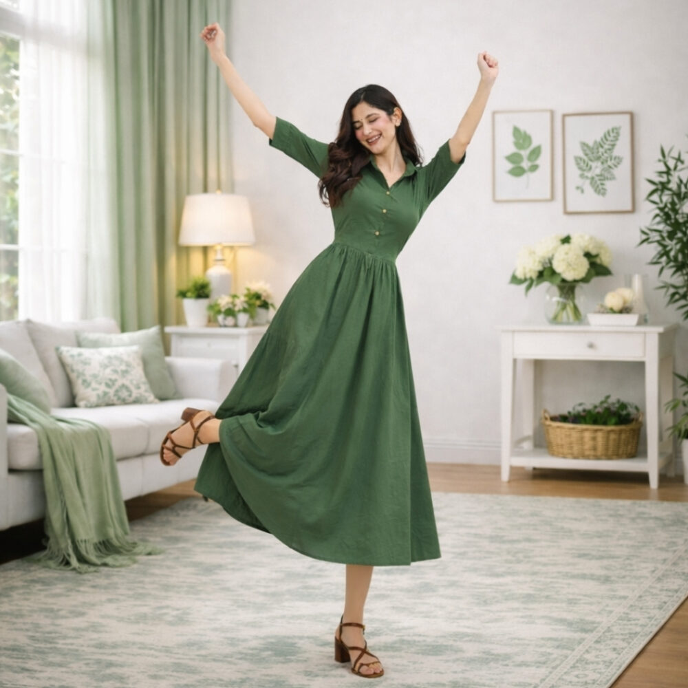 WearOne Green Cotton Midi Dress for Women WearOne Cotton Midi Dress for Women in Green Color