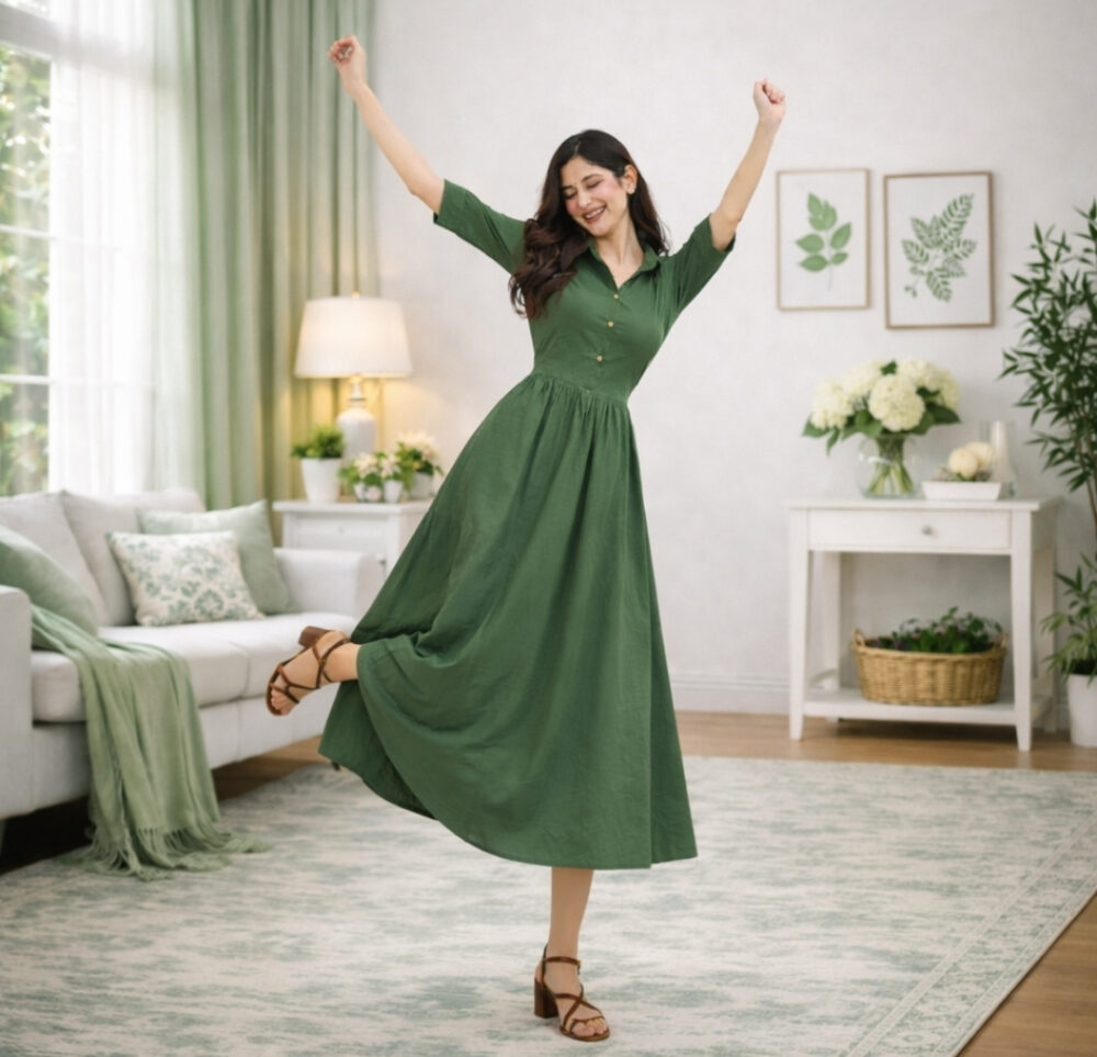 WearOne Green Cotton Midi Dress for Women WearOne Cotton Midi Dress for Women in Green Color