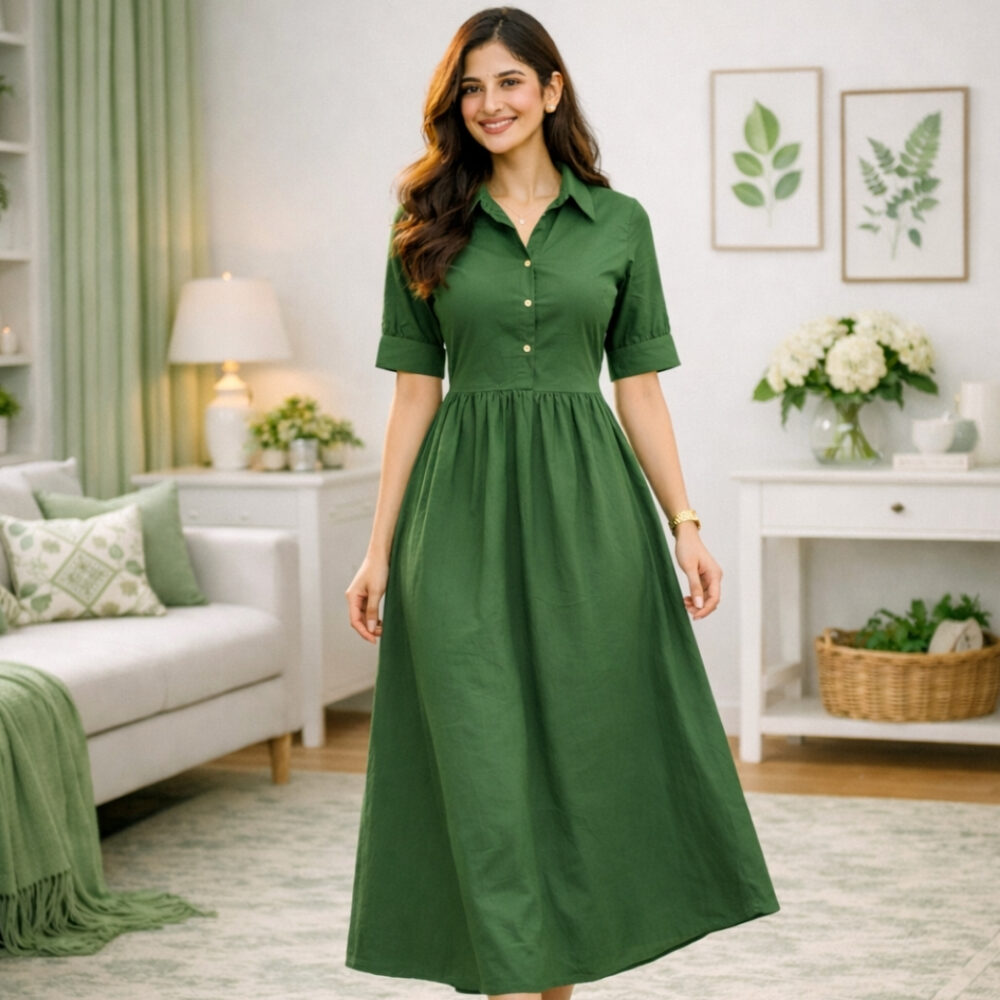 WearOne Green Cotton Midi Dress for Women WearOne Cotton Midi Dress for Women in Green Color