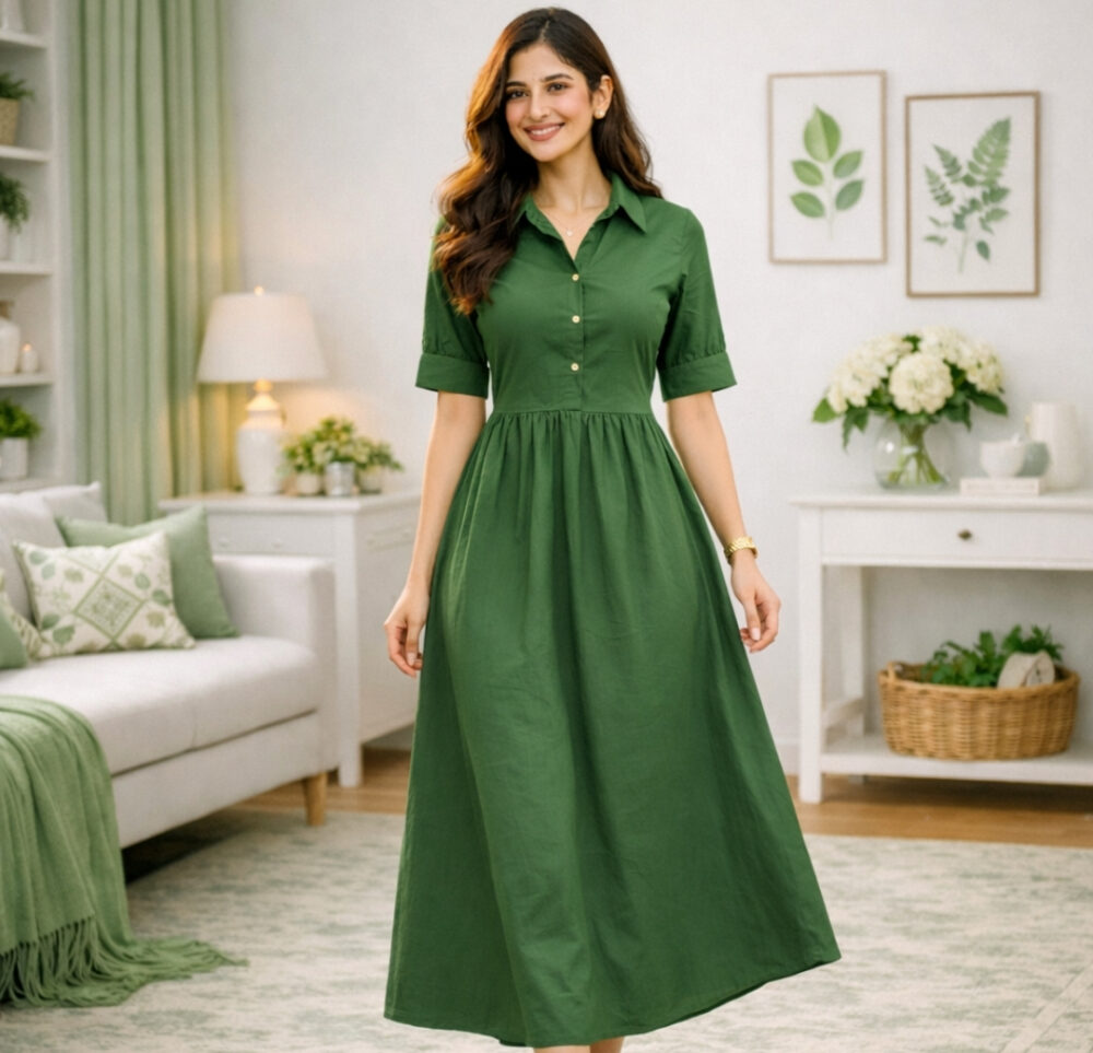 WearOne Green Cotton Midi Dress for Women WearOne Cotton Midi Dress for Women in Green Color