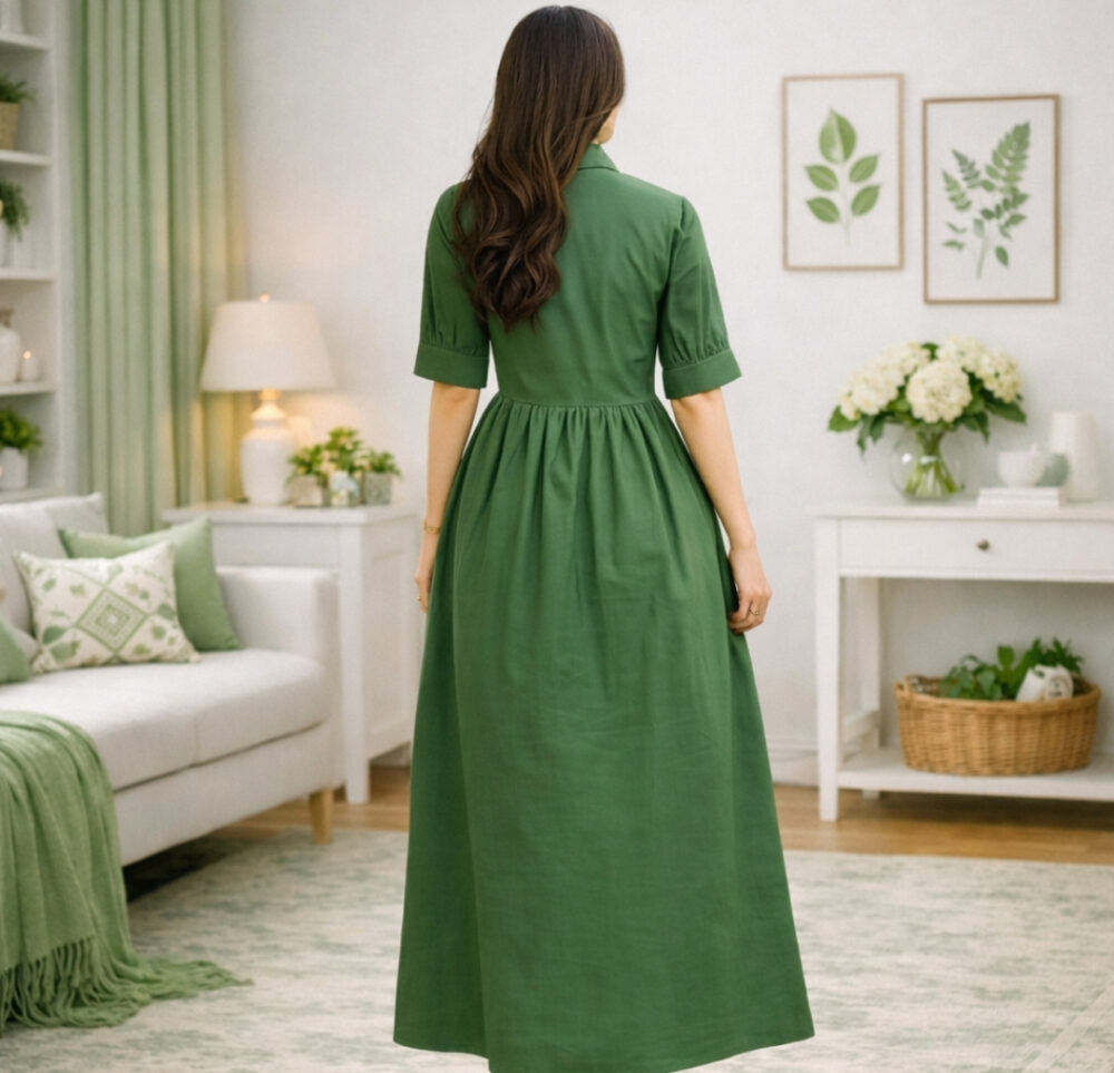 WearOne Green Cotton Midi Dress for Women WearOne Cotton Midi Dress for Women in Green Color