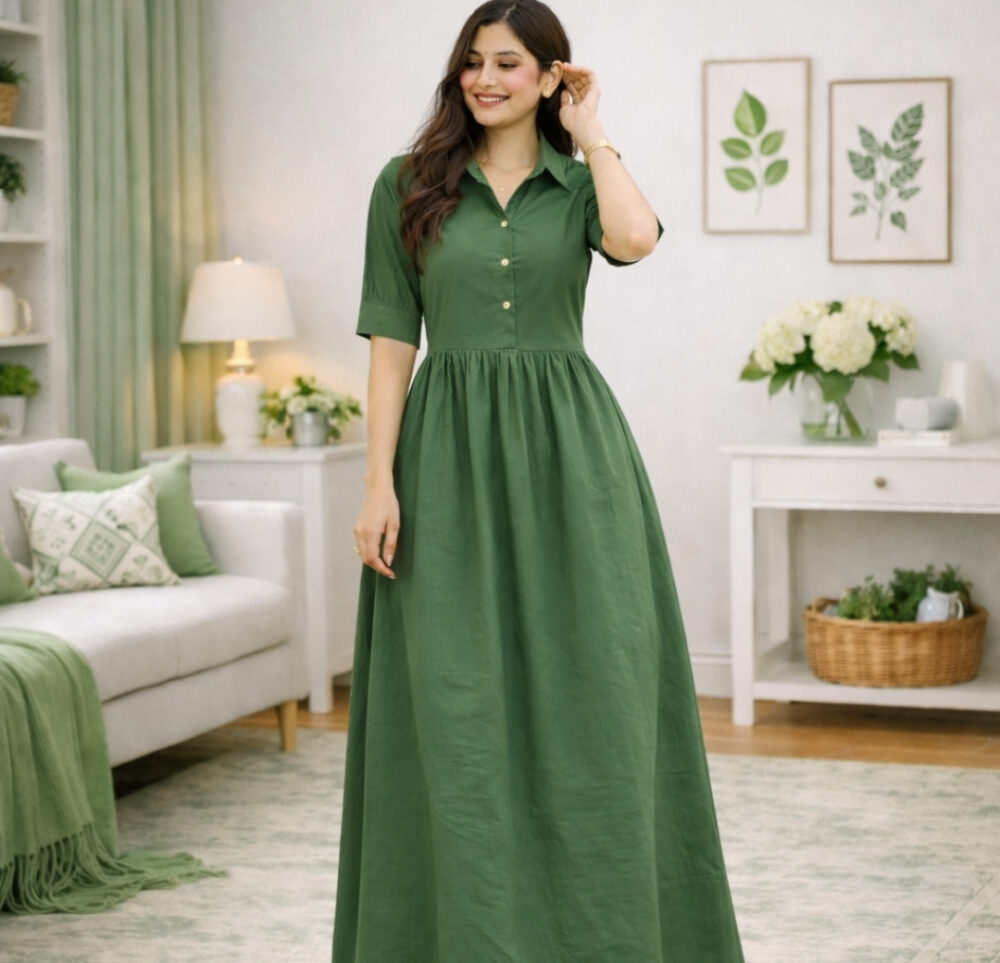 WearOne Green Cotton Midi Dress for Women WearOne Cotton Midi Dress for Women in Green Color