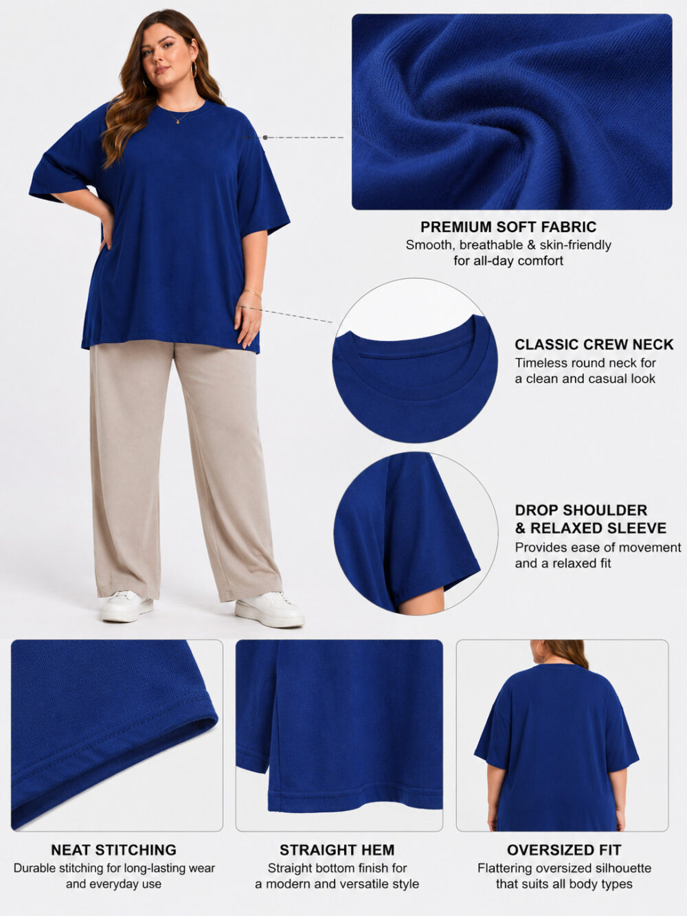 WearOne Blue Oversized Cotton T-Shirt for Women WearOne Women's Oversized Cotton T-Shirt in Blue